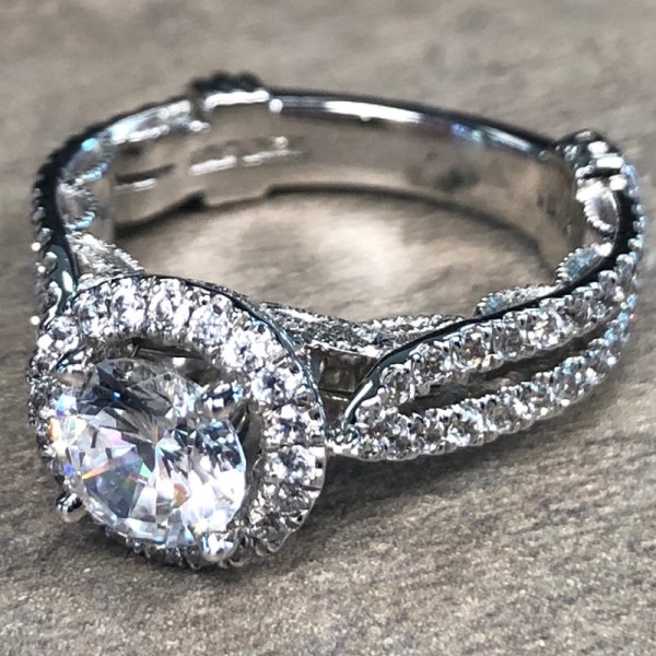 14K White Gold Split Shank Round Halo Engagement Ring